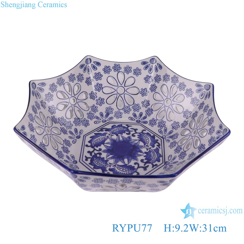 RYPU77 12inch Porcelain Hollow out Flower Octagonal shape Ceramic Fruit Candy Plates