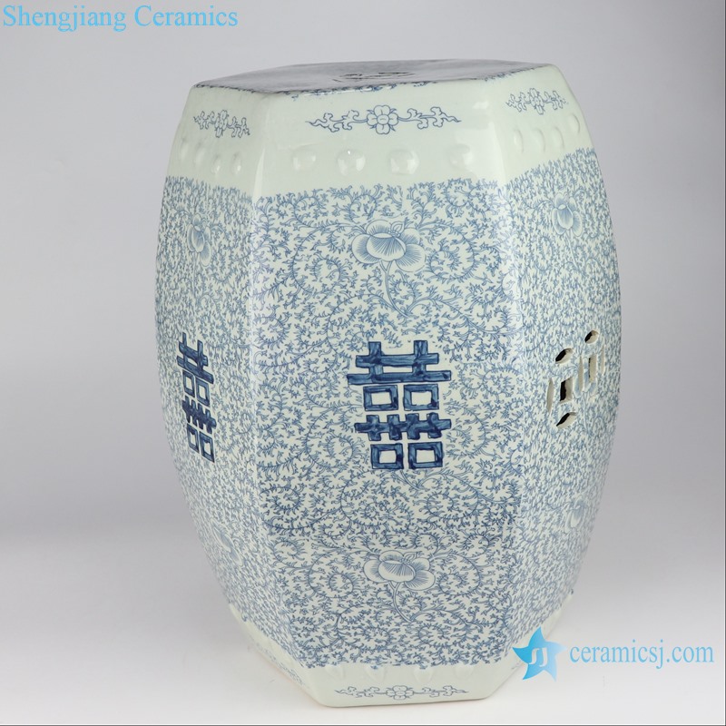 RYVM39 Blue and white wrapped branch happiness word pattern six directions ceramic stool