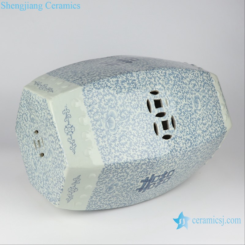 RYVM39 Blue and white wrapped branch happiness word pattern six directions ceramic stool