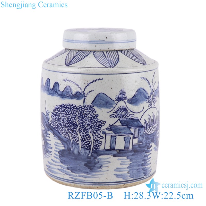 RZFB05-A-B Hand painted blue and white mountain water pattern staright shape ceramic tea jar