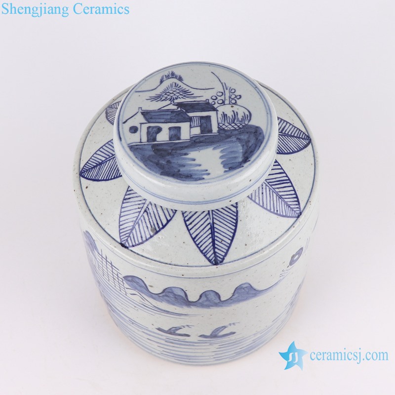 RZFB05-A-B Hand painted blue and white mountain house pattern straight shape ceramic tea jar