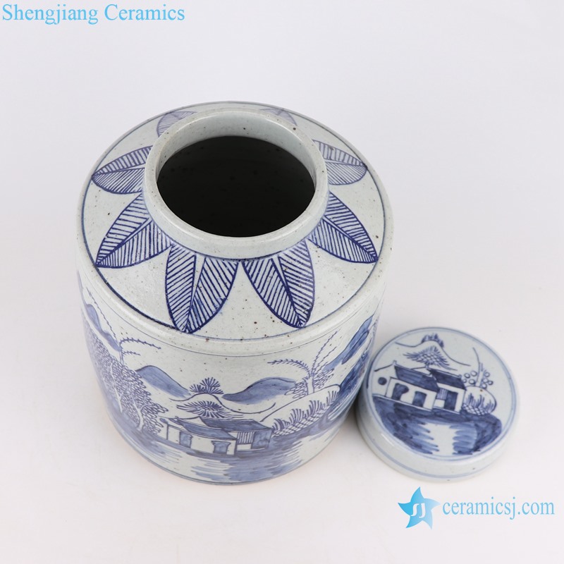 RZFB05-A-B Hand painted blue and white mountain water pattern staright shape ceramic tea jar