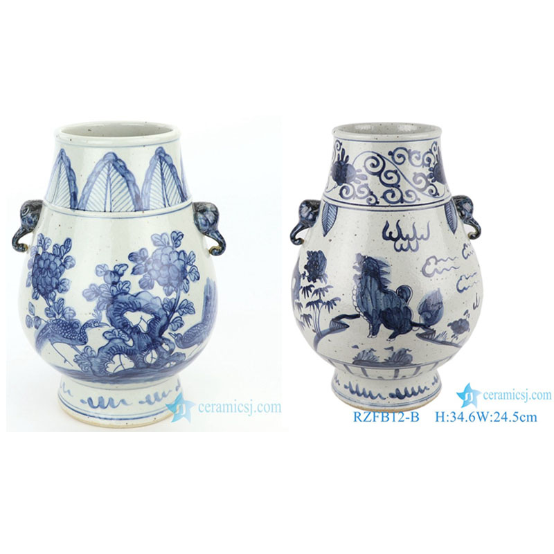 RZFB12-A-B Blue and white elephant ear kylin pattern ceramic blessing bucket FOB Refer