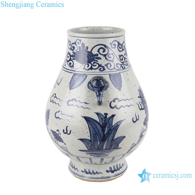 RZFB12-A-B Blue and white elephant ear kylin pattern ceramic blessing bucket vase