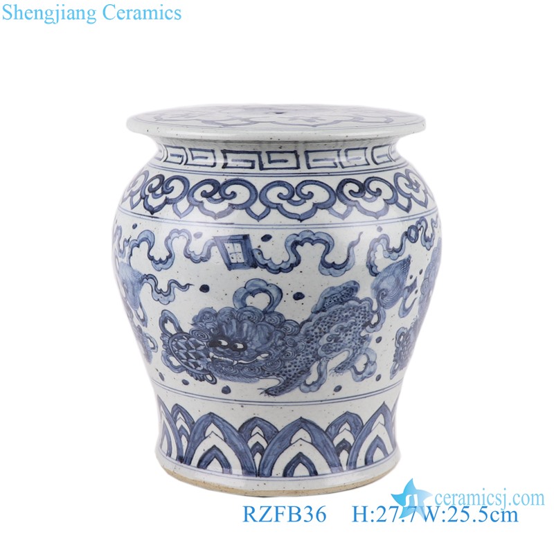 RZFB36 hand painted blue and white lion play ball pattern ceramic porcelain stool cool pier