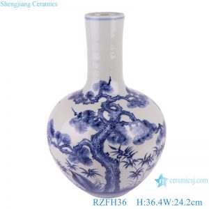 RZFH36 Jingdezhen Porcelain Pine crane Design Celestial bottle Ceramic Globular Tabletop Vase