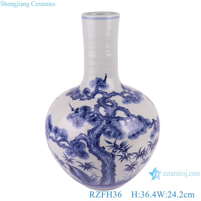 Jingdezhen Porcelain Pine crane Design Celestial bottle Ceramic Globular Tabletop Vase