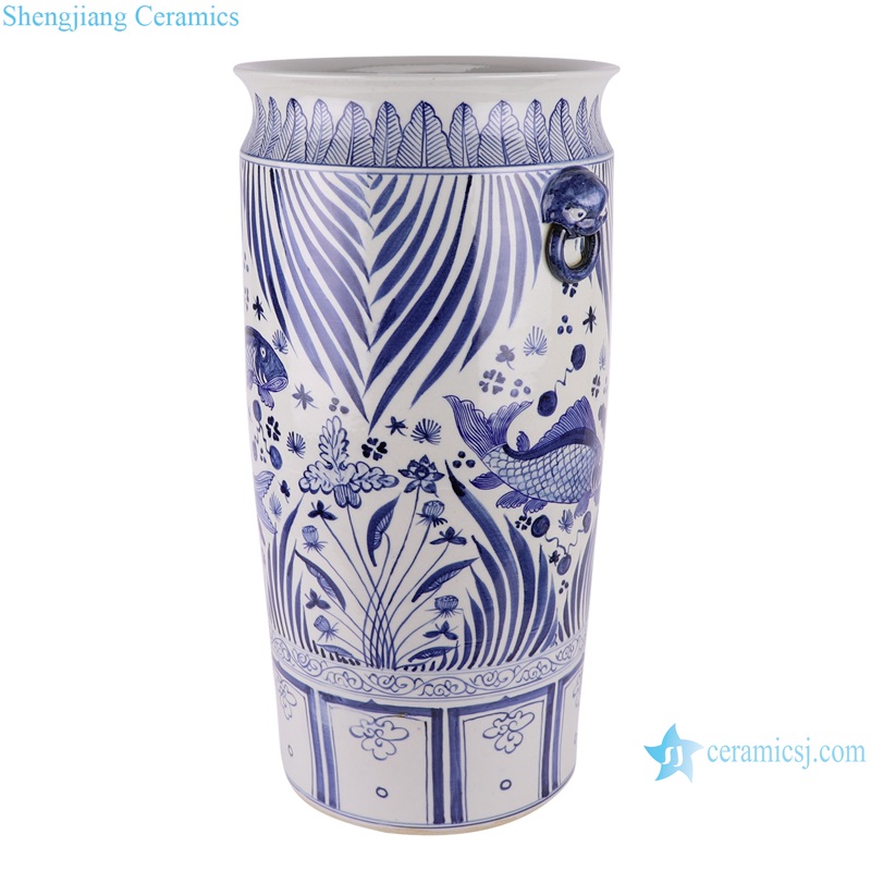 RZFH38-A Porcelain Blue and white algal pattern Ceramic Umbrella stand Holder Big Vase with Lion head