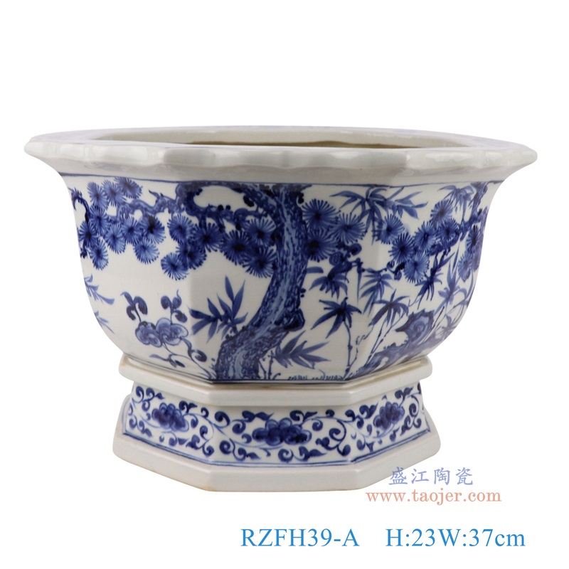 RZFH39-A  Blue and white crane, pine bamboo and plum pattern flower mouth flowerpot with eight edges