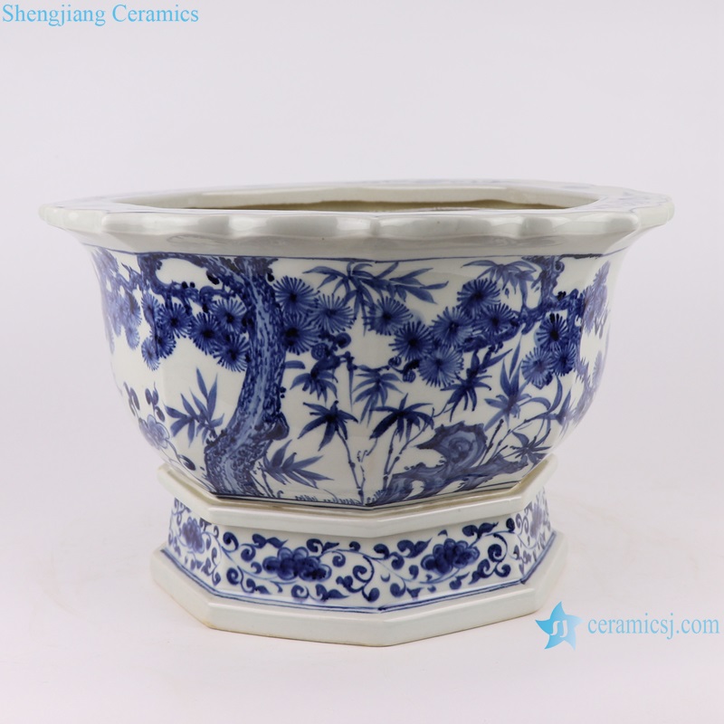 RZFH39-A Blue and white crane, pine bamboo and plum pattern flower mouth flowerpot with eight edges