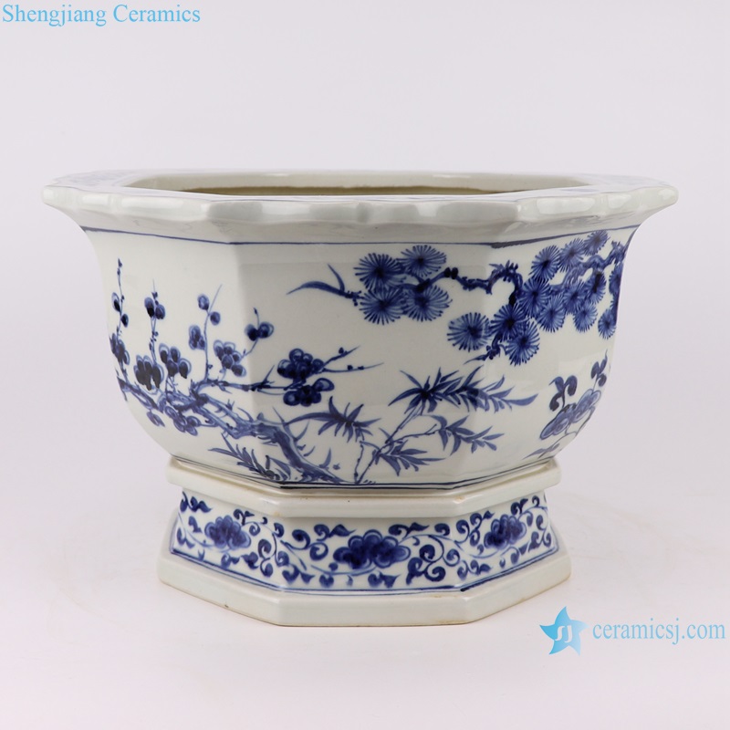 RZFH39-A Blue and white crane, pine bamboo and plum pattern flower mouth flowerpot with eight edges