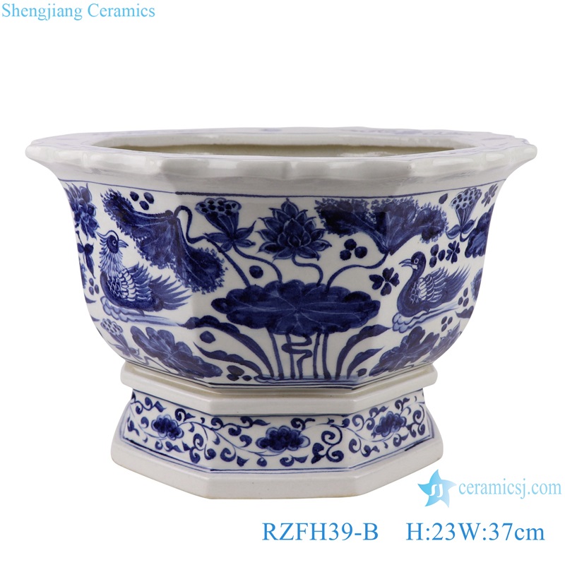 RZFH39-B Blue and white lotus mandarin duck splashing pattern flower mouth flowerpot with eight sides