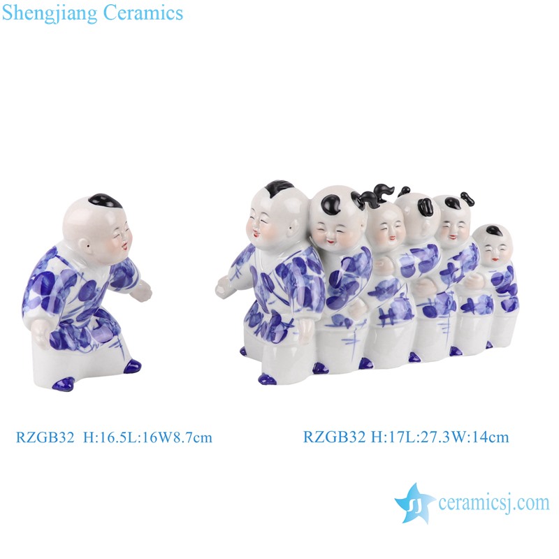 RZGB32 Blue and White Kids playing Ceramic figure ornaments