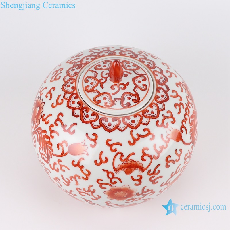 RZIS15 Hand-painted Fanhong Alum red chanzhi lotus pattern ceramic Jar