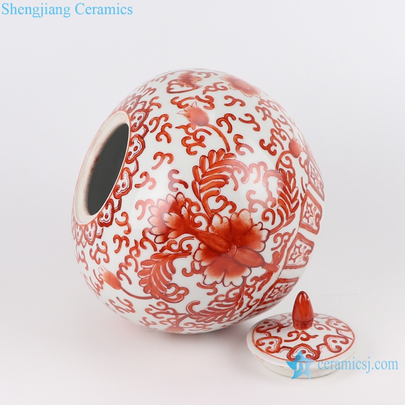 RZIS15 Hand-painted Fanhong Alum red chanzhi lotus pattern ceramic Jar