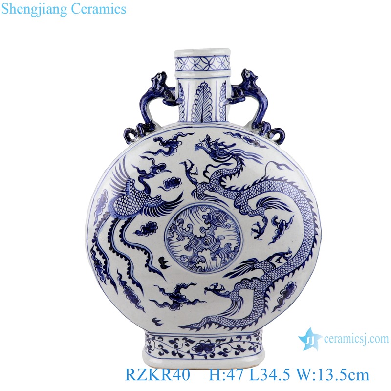 RZKR40 Jingdezhen Antique blue and white dragon and phoenix chengxiang ceramic hold the moon bottle