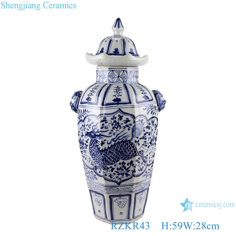 RZKR43 Antique blue and white open window kylin grain two ears lion trim eight directions ceramic ginger jar