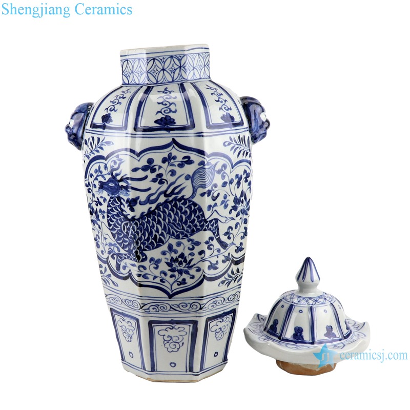 RZKR43 Antique blue and white open window kylin grain two ears lion trim eight directions ceramic ginger jar