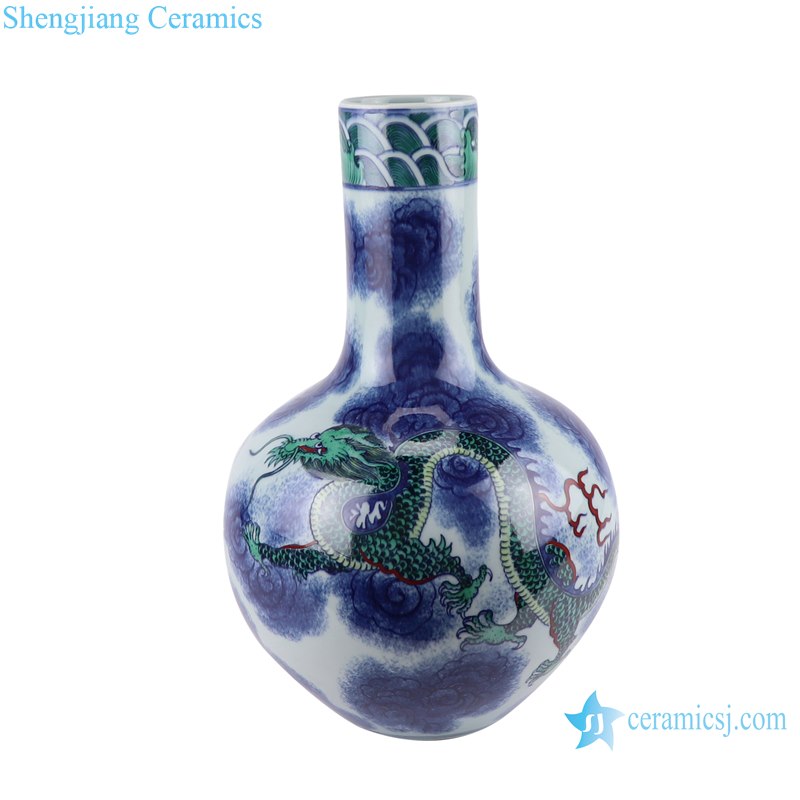 RZOE06 Blue and white qing dynasty kangxi year clashing color dragon pattern globe ceramic porcelain vase
