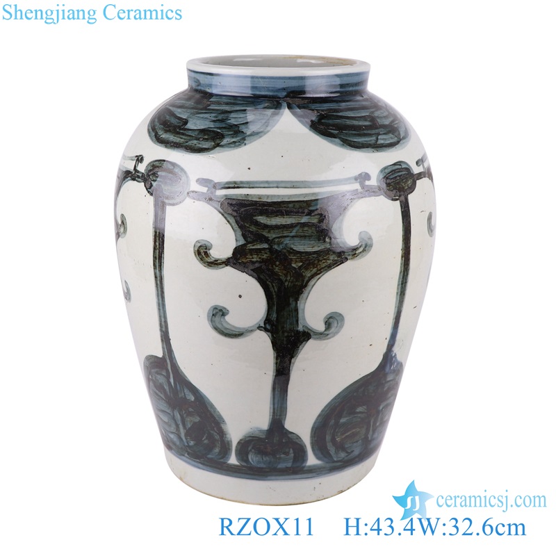 RZOX11 Blue and white ink color hand painted horn and lute pattern ceramic porcelain pot