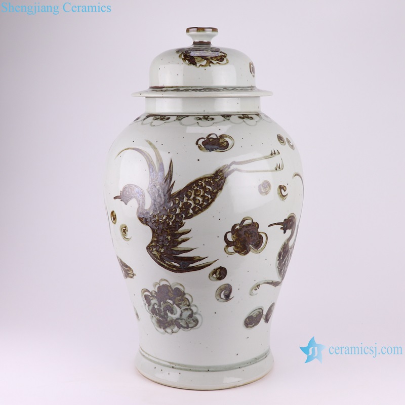 RZOX18-D Ancient Red Glazed Phoenix Design Porcelain Pot Lidded Ginger Jars