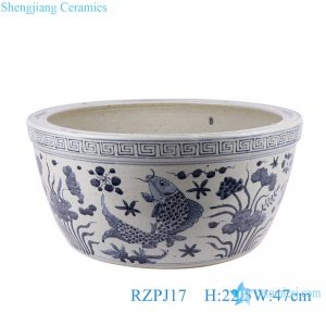 RZPJ17 Antique blue and white hand paited fish and alga pattern ceramic porcelain big bowl
