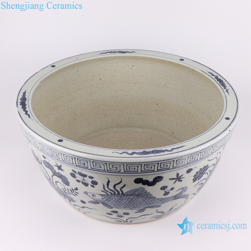 RZPJ17 Antique blue and white hand paited fish and alga pattern ceramic porcelain big bowl
