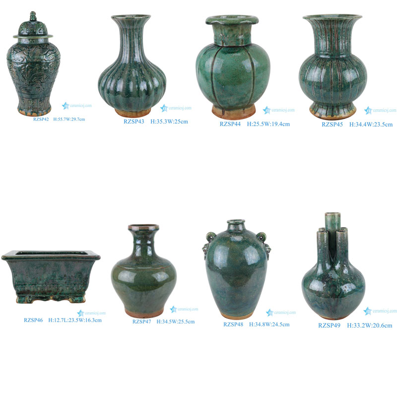 RZSP44 Crackle kiln green glaze carving vertical lace mouth lantern bottle pocelain vase