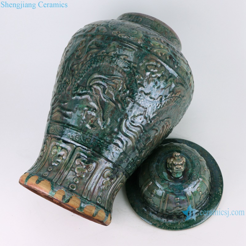 RZSP42 Jingdezhen Kiln green glaze lion head carving dragon and phoenix ginger jar