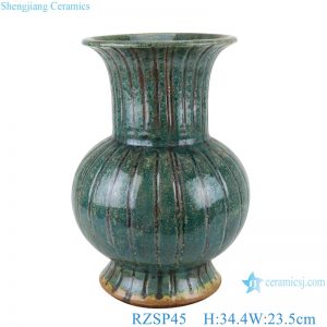 RZSP45 crackle kiln green glaze carving flower vase with vertical grain