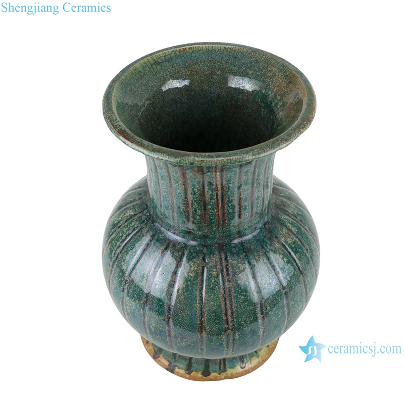 RZSP45 crackel kiln green glaze carving flower vase with vertical grain