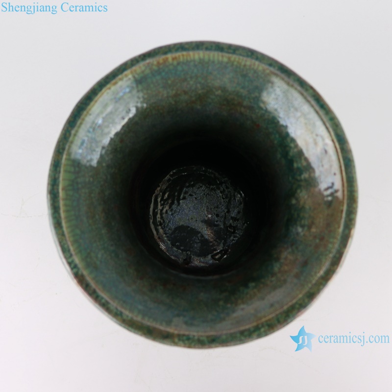 RZSP45 crackel kiln green glaze carving flower vase with vertical grain