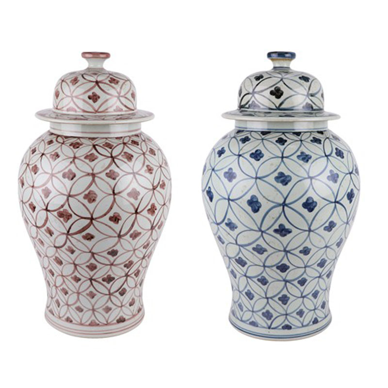 Ancient Red Glazed Blue and White Geometry Copper Pattern General tank Pot Ceramic Lidded Jars