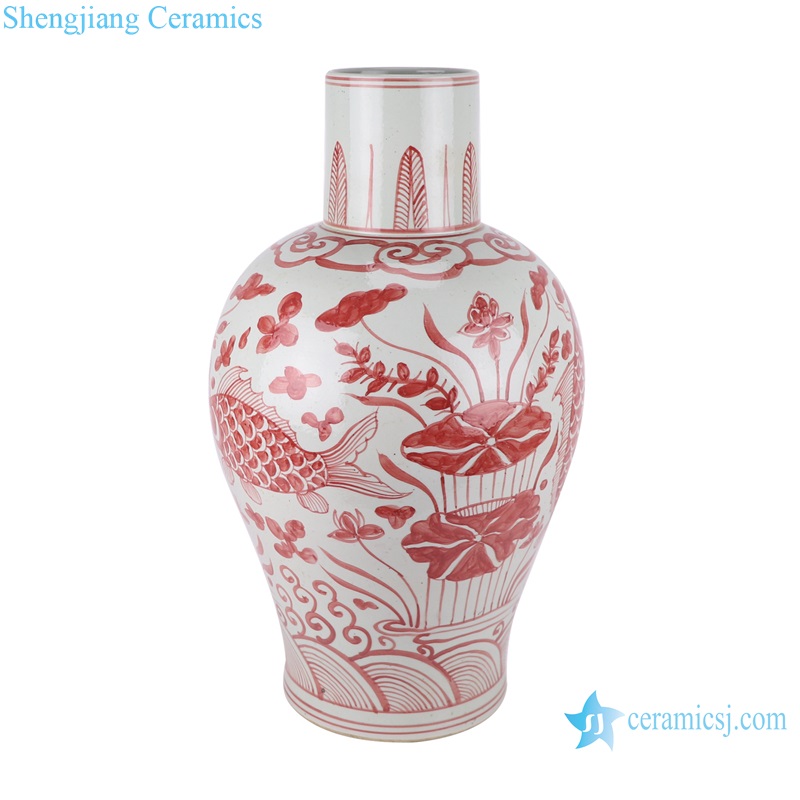 RZSX51 Alum red hand painted fish and alga pattern ceramic porcelain vase