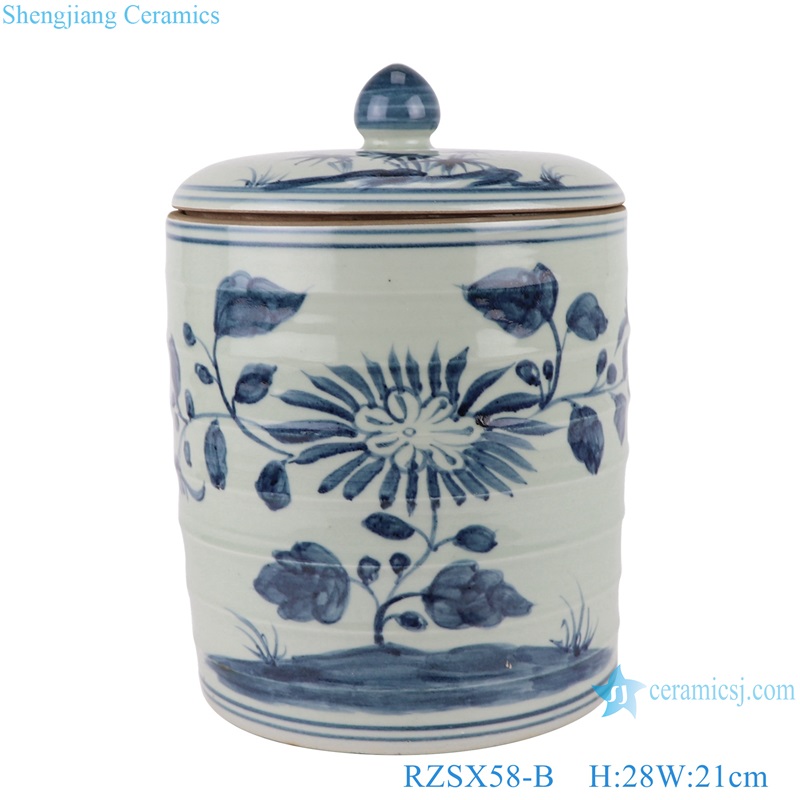 RZSX58-A-B Porcelain Blue and White Sunflower Design Open window Straight Ceramic Pot Tea Canister