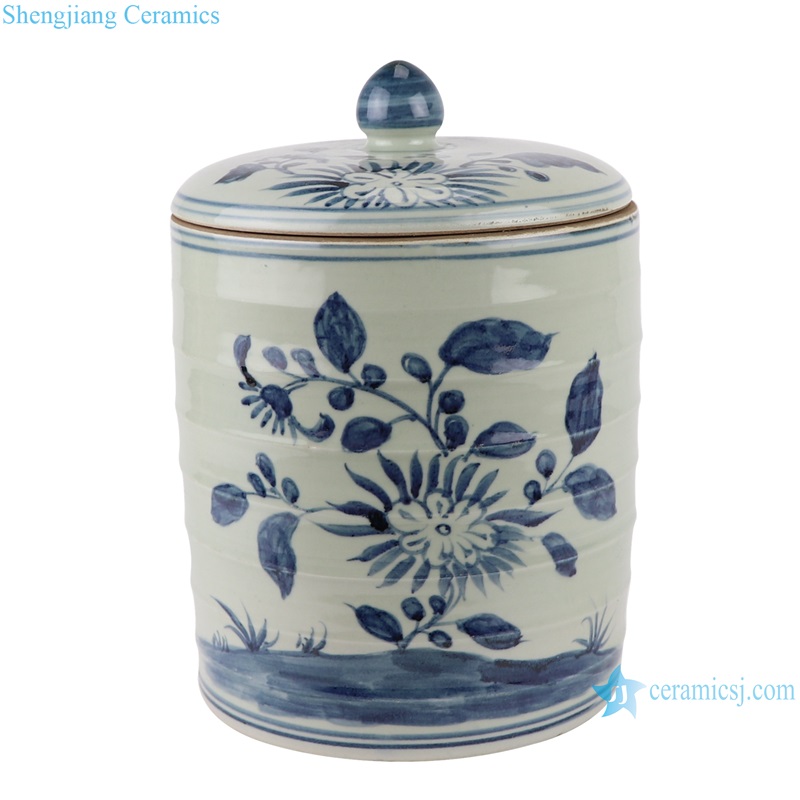 RZSX58-A-B Porcelain Blue and White Sunflower Design Open window Straight Ceramic Pot Tea Canister