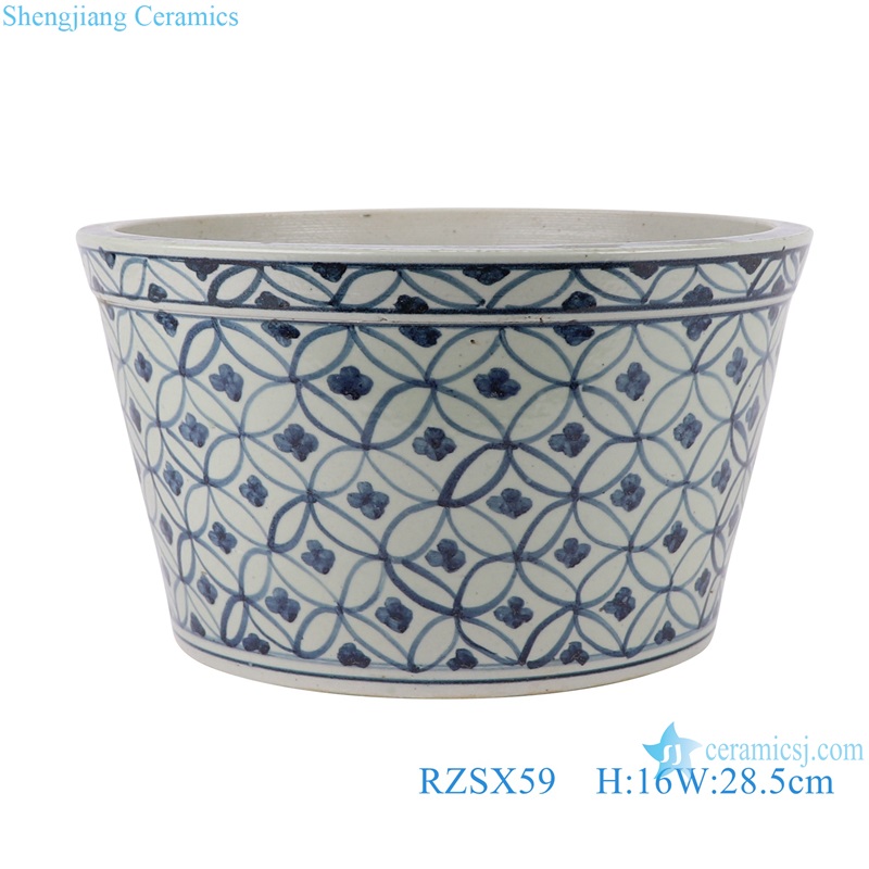 Antique Blue and White Porcelain Geometric Copper Pattern Design Big Pot Bowl