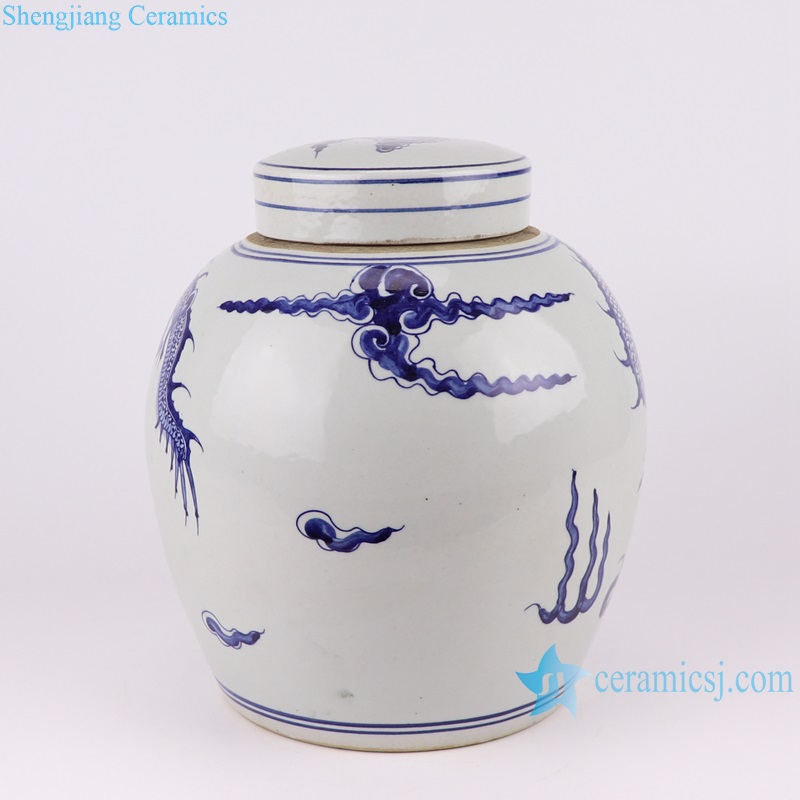 RZTQ05-B-S Antique blue and white dragon design ceramic tea jar with lid