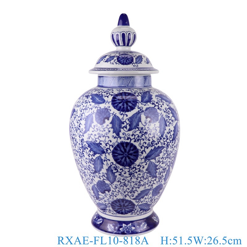 RXAE-FL10-818A Blue and White Porcelain General Ceramic Pot Flower Leaf Twisted Design Lidded Ginger Jars