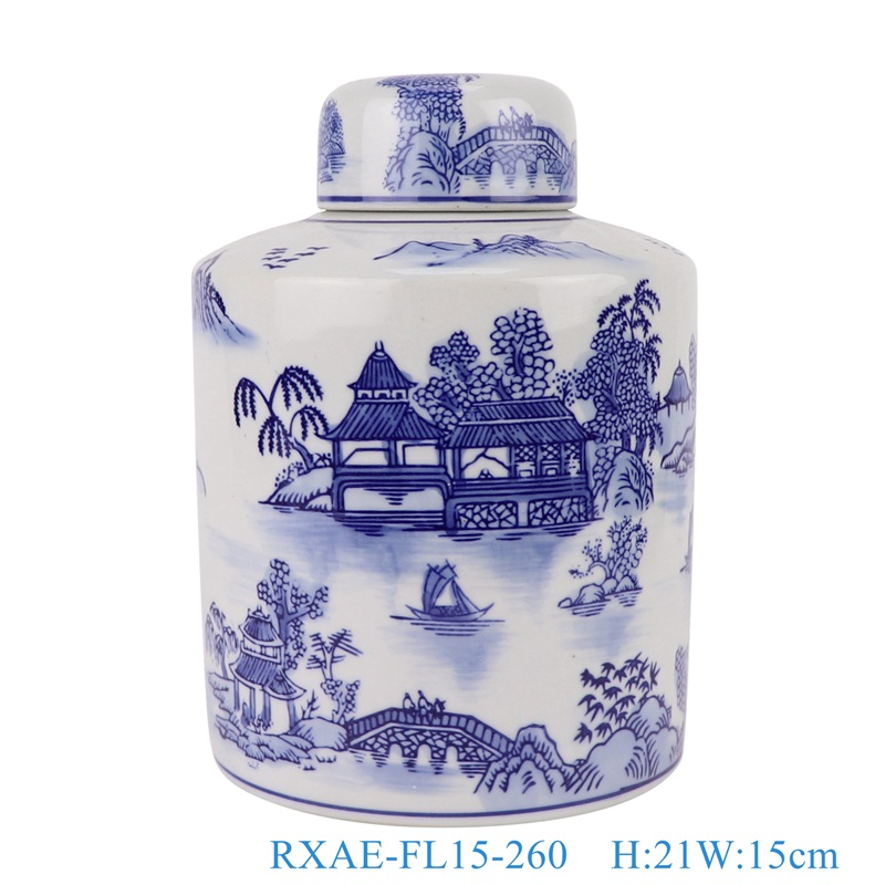 Blue and White Porcelain Landscape Pattern Tin Jars Ceramic Storage Tea Canisters