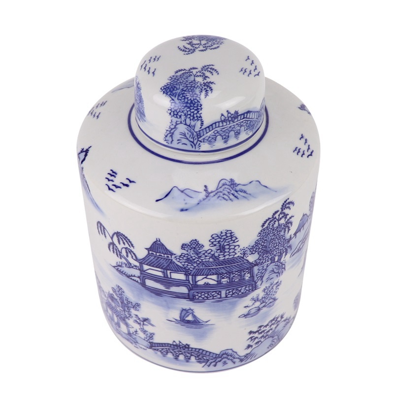 RXAE-FL15-260 Blue and White Porcelain Landscape Pattern Tin Jars Ceramic Storage Tea Canisters