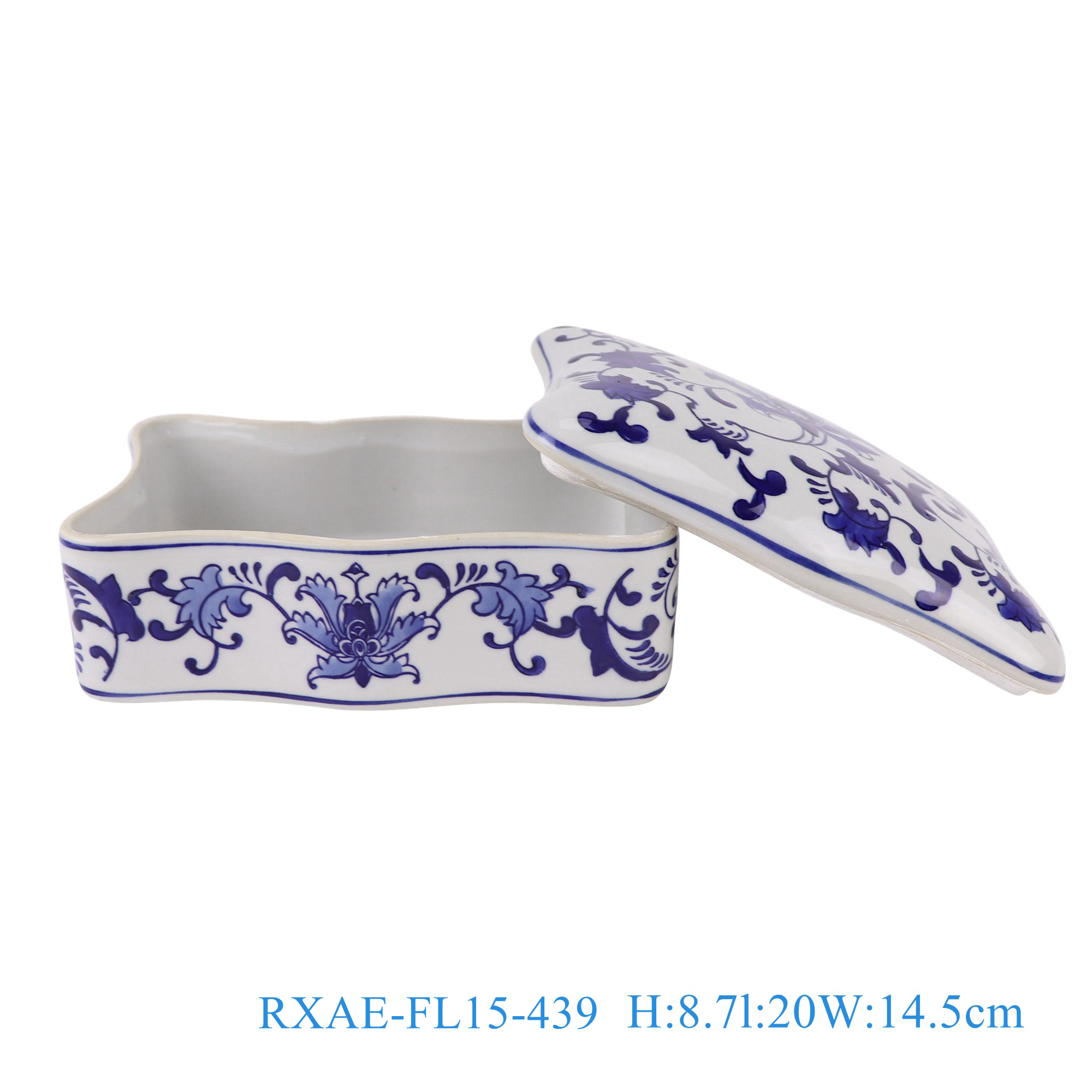 RXAE-FL15-439 Blue and White Porcelain Twisted Flower Patterned Rectangler Storage Box Holder Jar