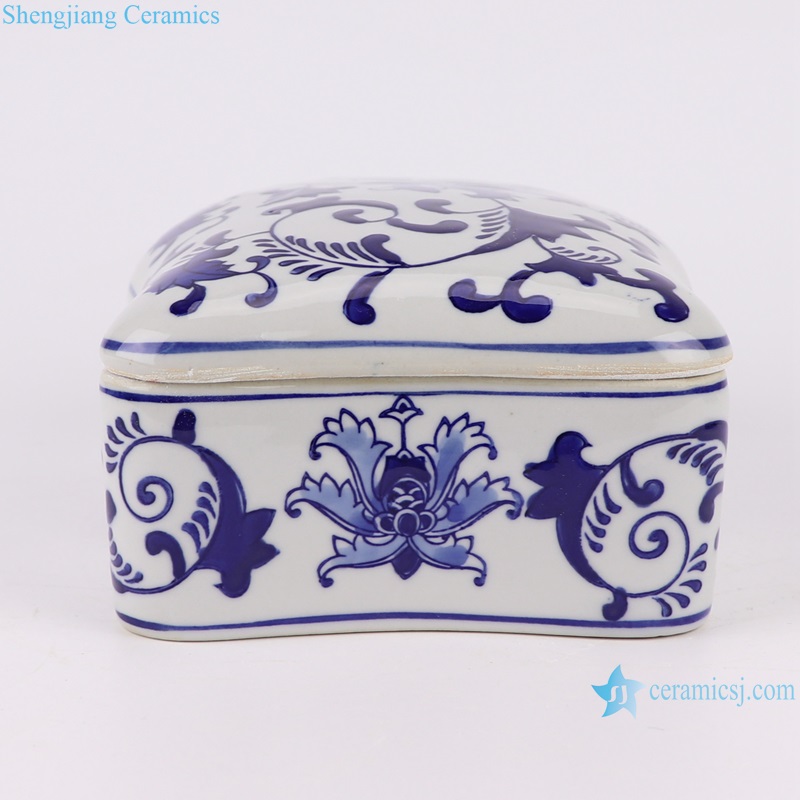 RXAE-FL15-439 Blue and White Porcelain Twisted Flower Patterned Rectangler Storage Box Holder Jar
