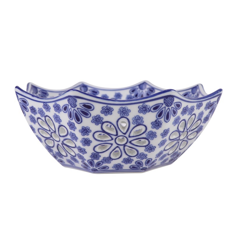 RXAE-FL16-204S Porcelain Blue and White Octagonal shape Ceramic Hollow out Flower Fruit Plate Dish