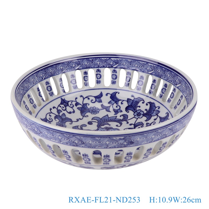 Blue and White Hollow out Porcelain Twisted flower Round shape Ceramic Fruit Bowl Plate
