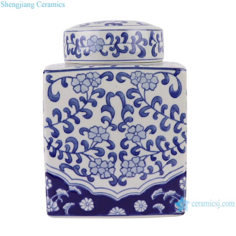 RXAE-FL40-093 Jingdezhen Blue and White Square shape Twisted Flower Tea Canister Jars Porcelain Pot