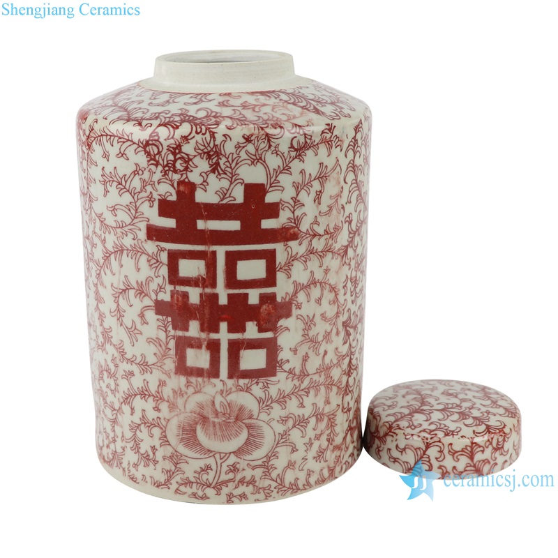 RXAF04 Red double happiness pattern straight cylinder porcelain jar