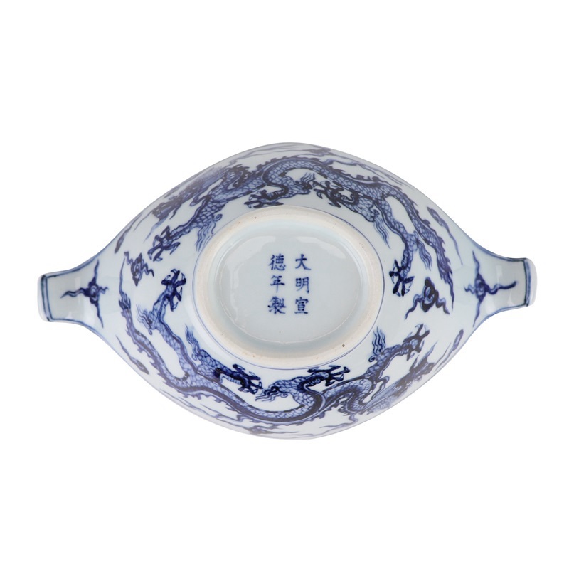 RXAG02 Jingdezhen Blue and White Porcelain rhombus Shape Dragon Pattern Ceramic Bowl