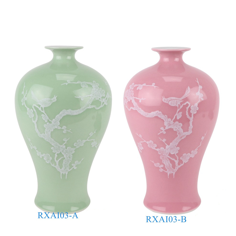 Green and Pink color glazed Porcelain White Plum Flower Bird Carved Pattern Ceramic Vase 