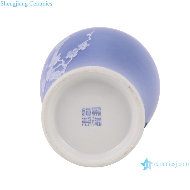 RXAI01 Blue Glazed Plum Carved Flower and Bird Ceramic Vase